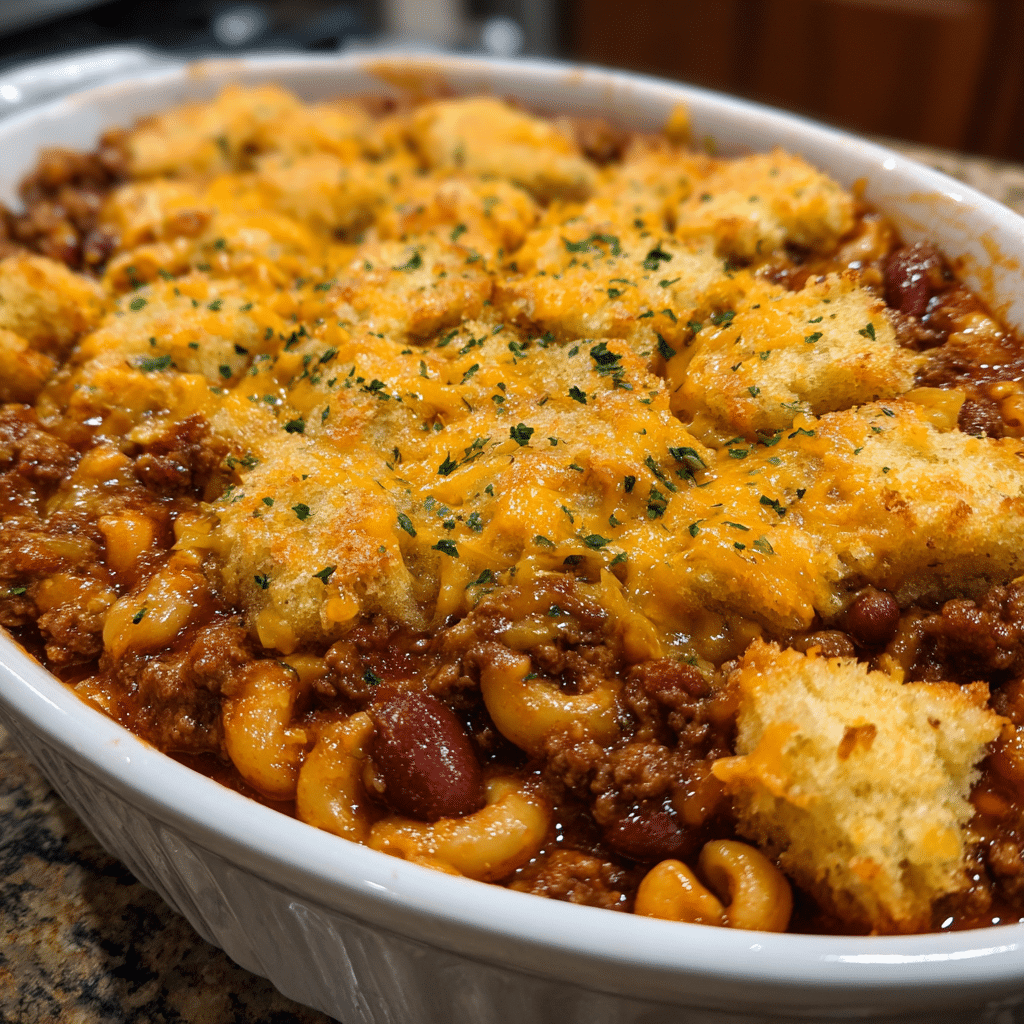 Cheesy Chili Mac Casserole with Garlic Bread Topping — chef-tested restaurant-quality photo