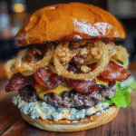Blue Cheese Bacon Burger with Crispy Onion Straws — chef-tested restaurant-quality photo