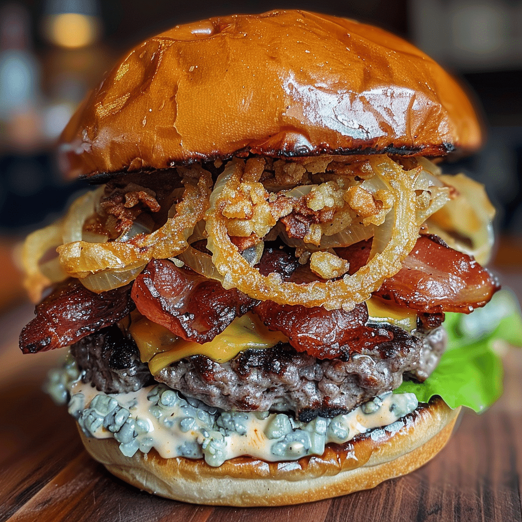Blue Cheese Bacon Burger with Crispy Onion Straws — chef-tested restaurant-quality photo