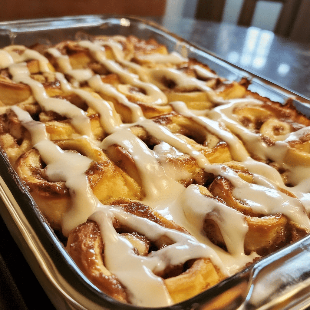 How to make Cinnamon Roll Breakfast Casserole with Cream Cheese Drizzle — key cooking step