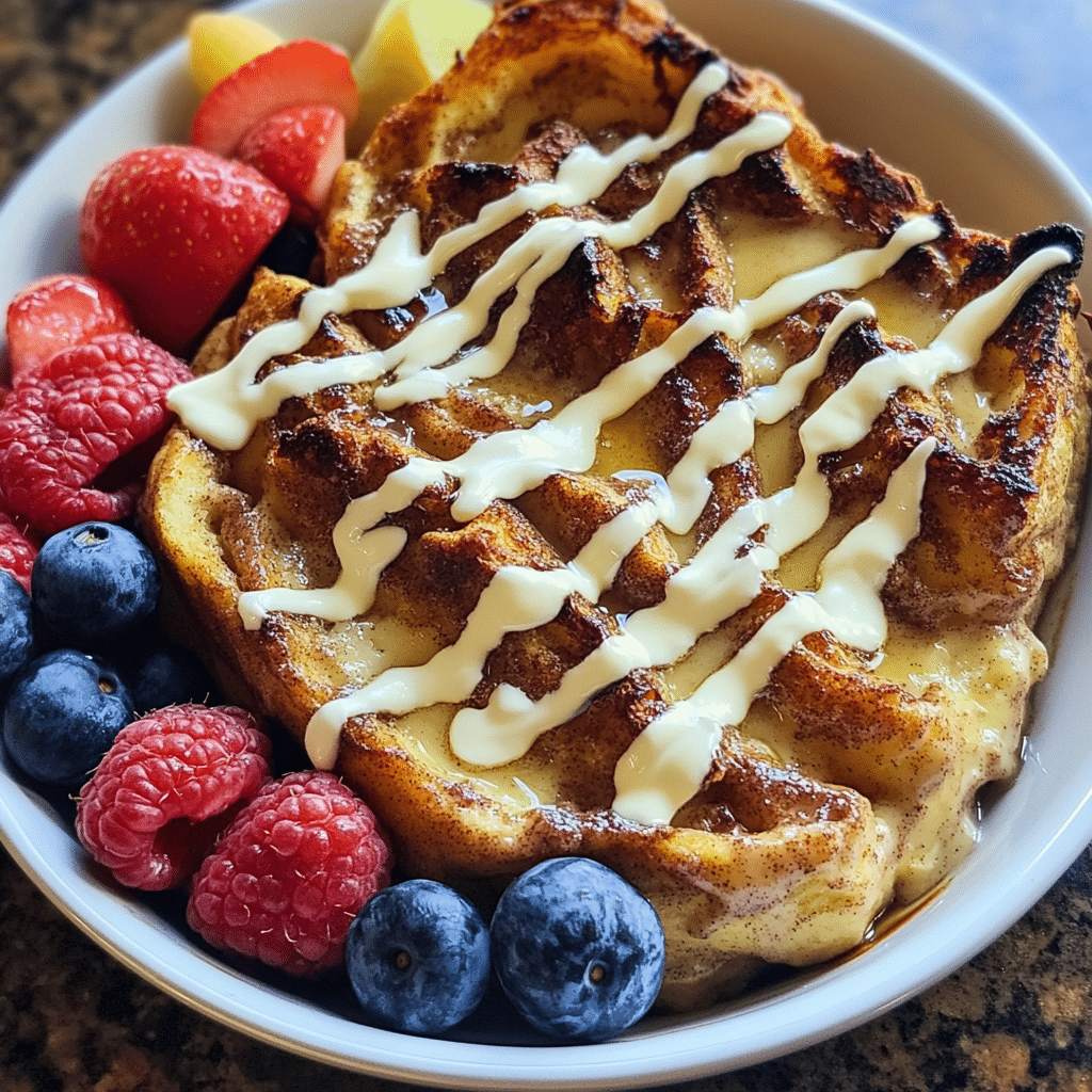 cinnamon roll french toast bake with cream cheese drizzle step