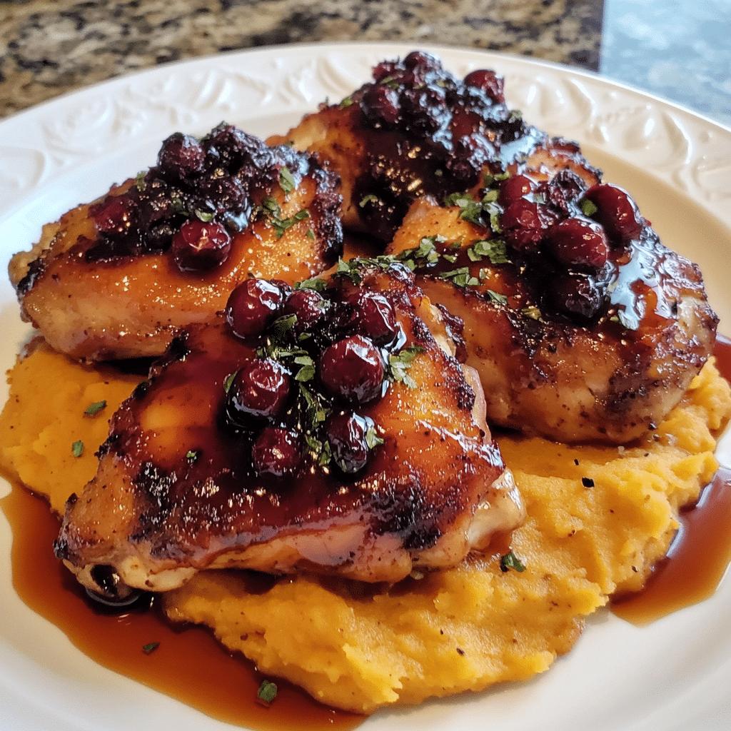 Cranberry Maple Glazed Chicken Thighs on Sweet Potato Mash — chef-tested restaurant-quality photo