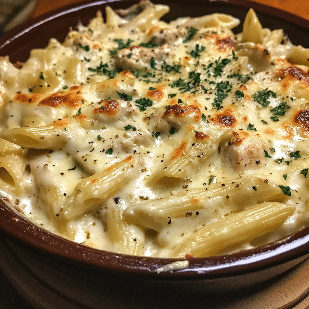 How to make Creamy Garlic Butter Chicken Pasta Bake — key cooking step