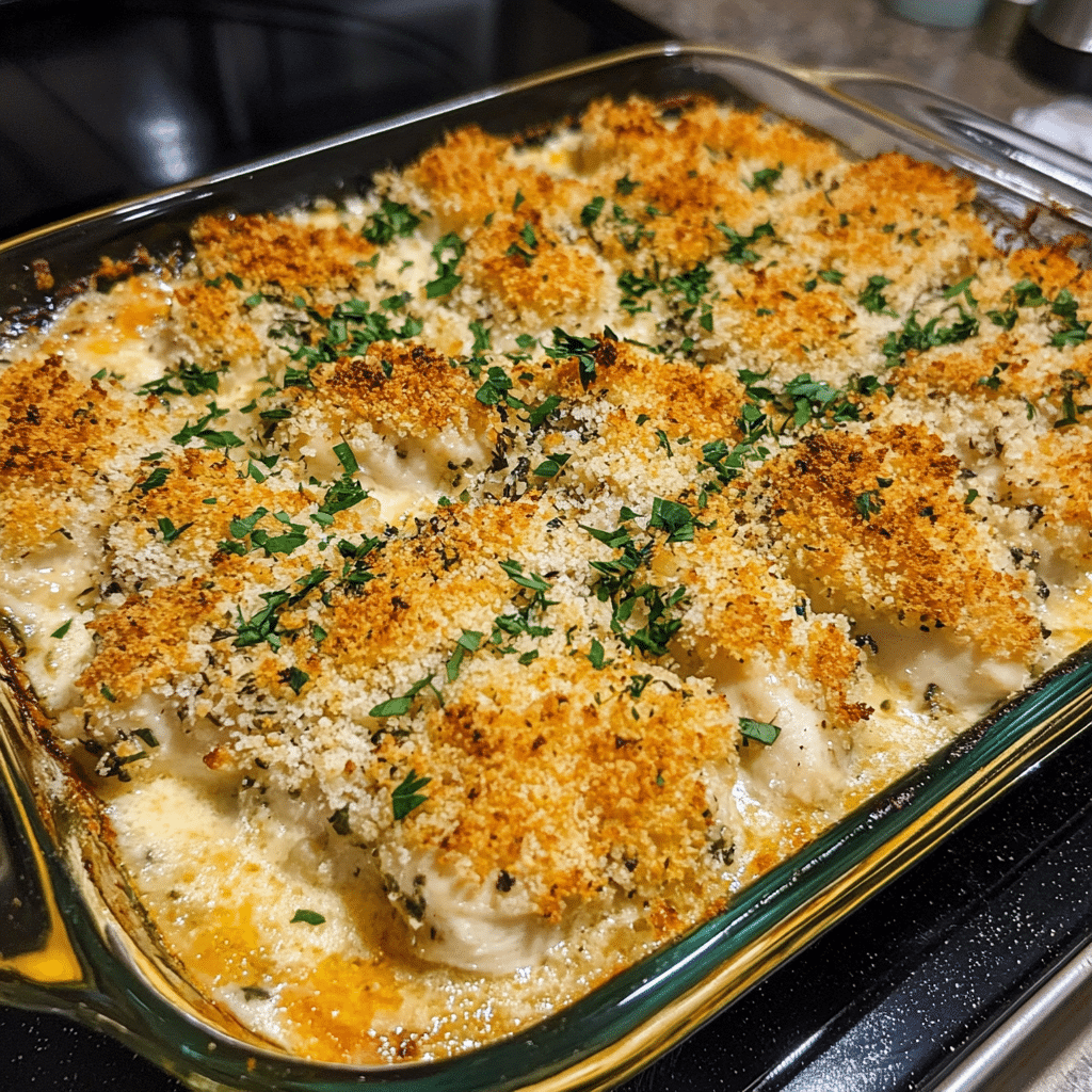 How to make Crispy Herb Chicken Alfredo Bake — key cooking step