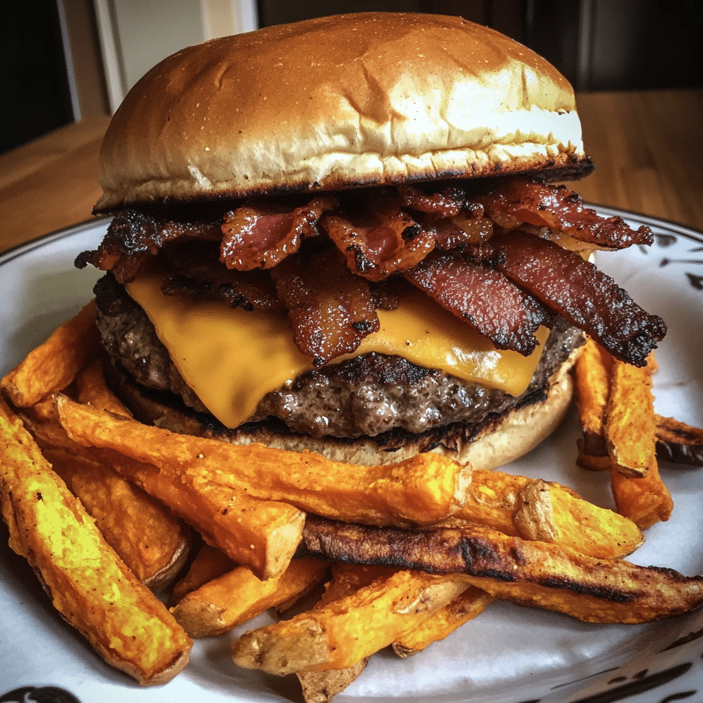 How to make Maple Bacon Cheeseburger with Sweet Potato Fries — key cooking step
