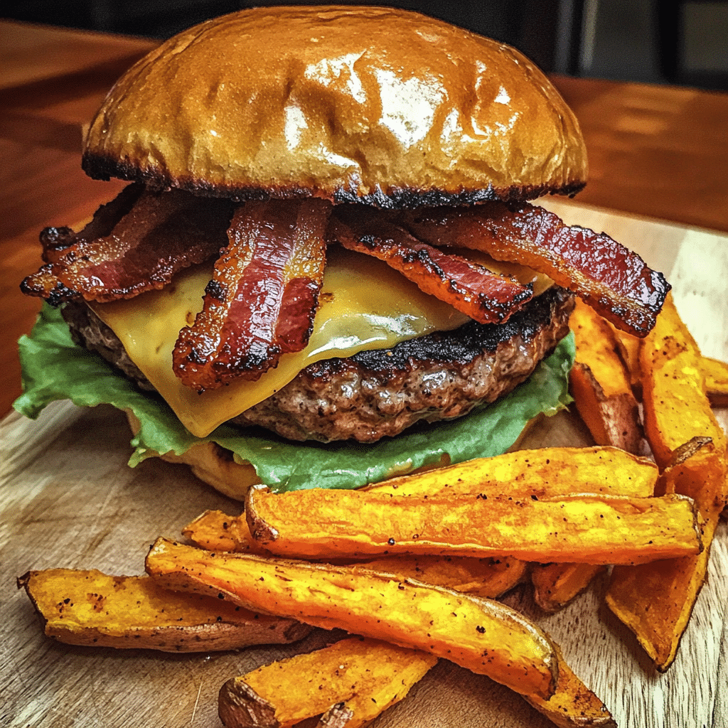 Maple Bacon Cheeseburger with Sweet Potato Fries — chef-tested restaurant-quality photo