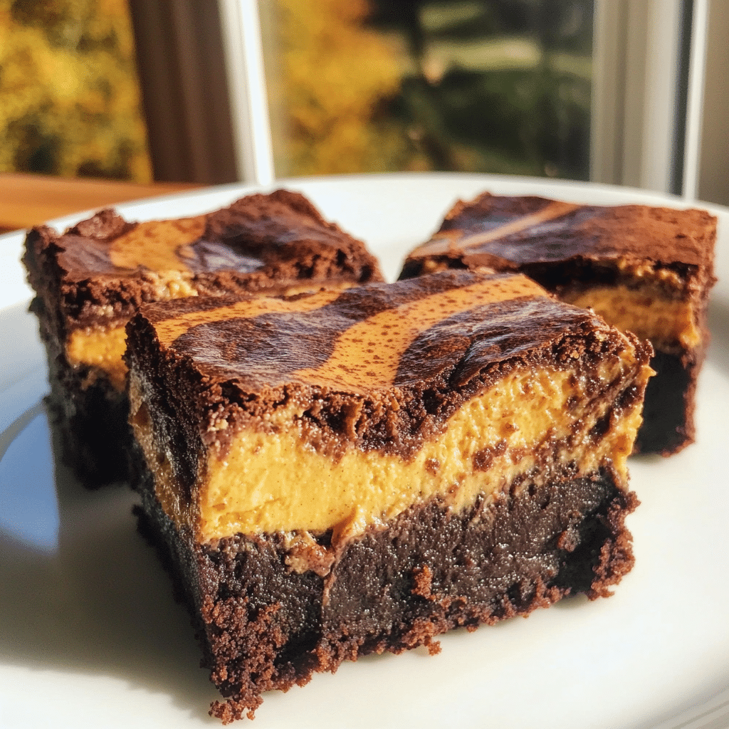 pumpkin spice cheesecake brownies with a chocolate swirl step