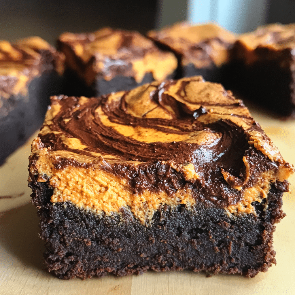 pumpkin spice cheesecake brownies with a chocolate swirl