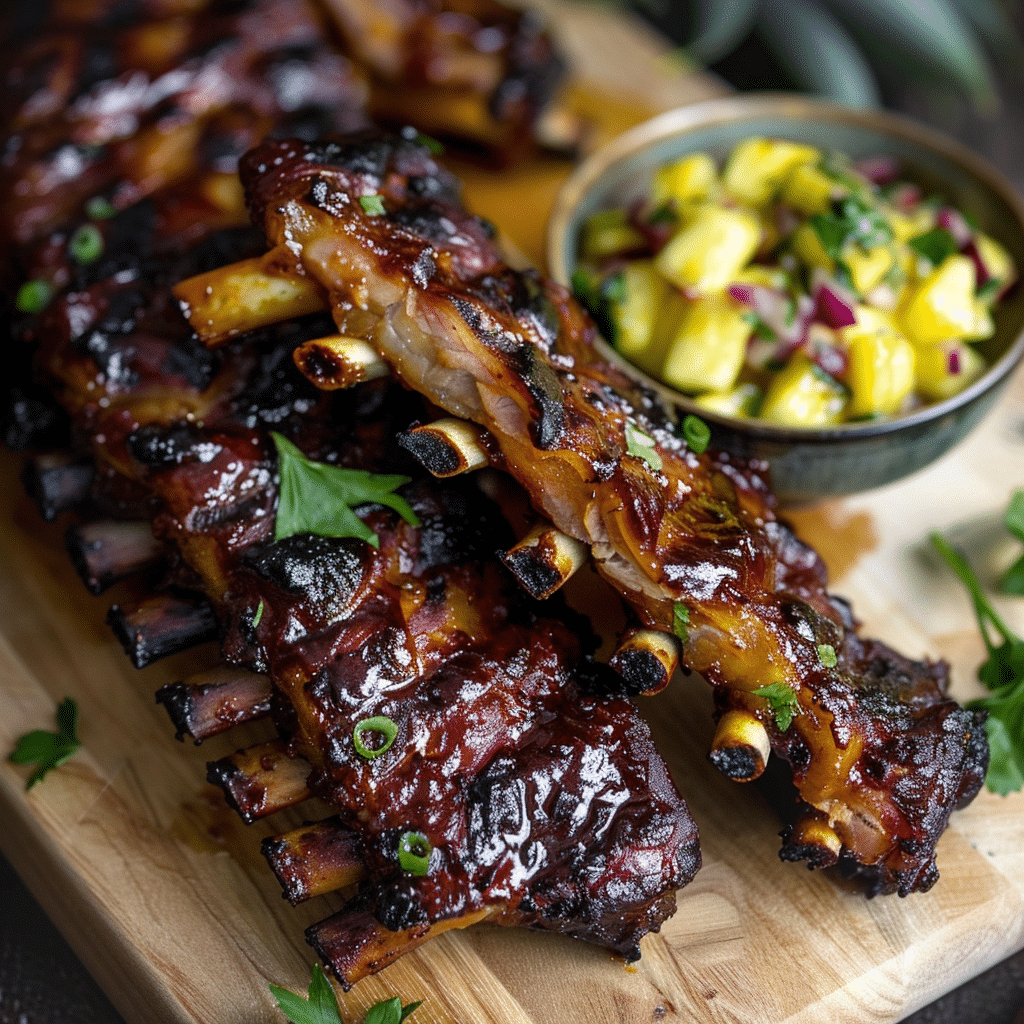 How to make Smoky Maple Bourbon Ribs with Charred Pineapple Salsa — key cooking step