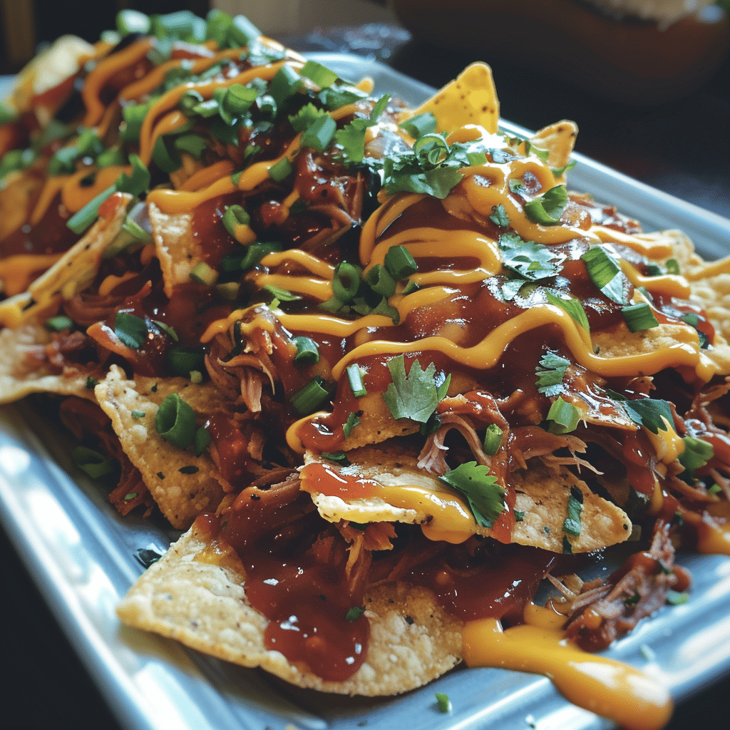 How to make Spicy BBQ Pulled Pork Nachos with Cheese Drizzle — key cooking step