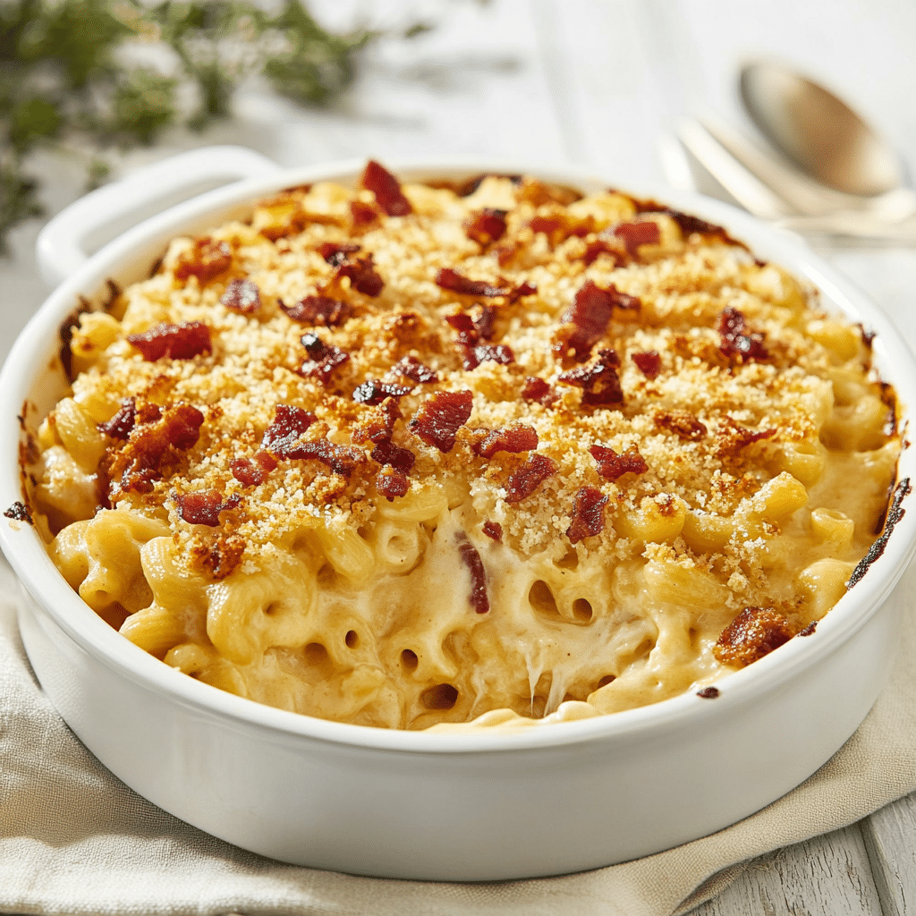 Bacon Mac & Cheese Casserole with a Crunchy Topping — chef-tested restaurant-quality photo