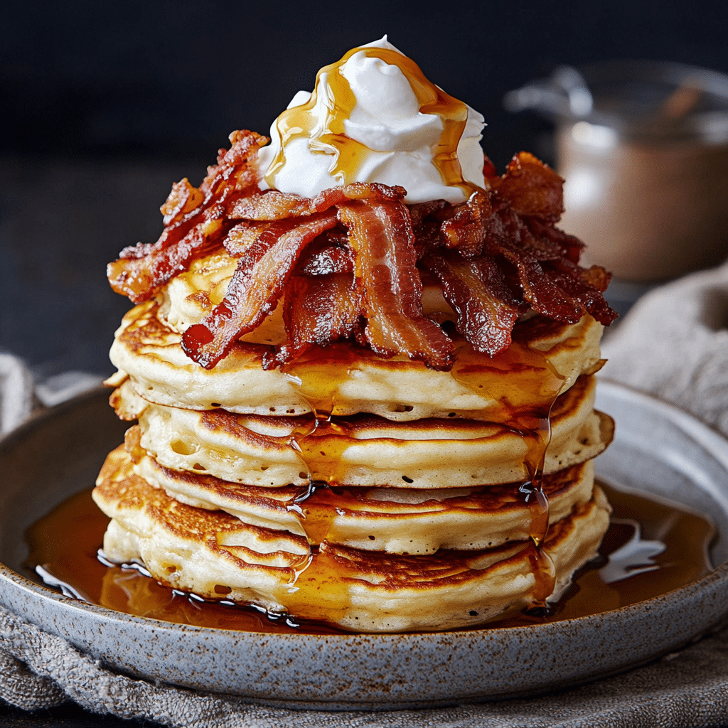 Bacon Maple Pancake Stacks with Whipped Cream Drizzle — chef-tested restaurant-quality photo