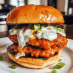 Buffalo Chicken Burger Melts with Blue Cheese Sauce — chef-tested restaurant-quality photo