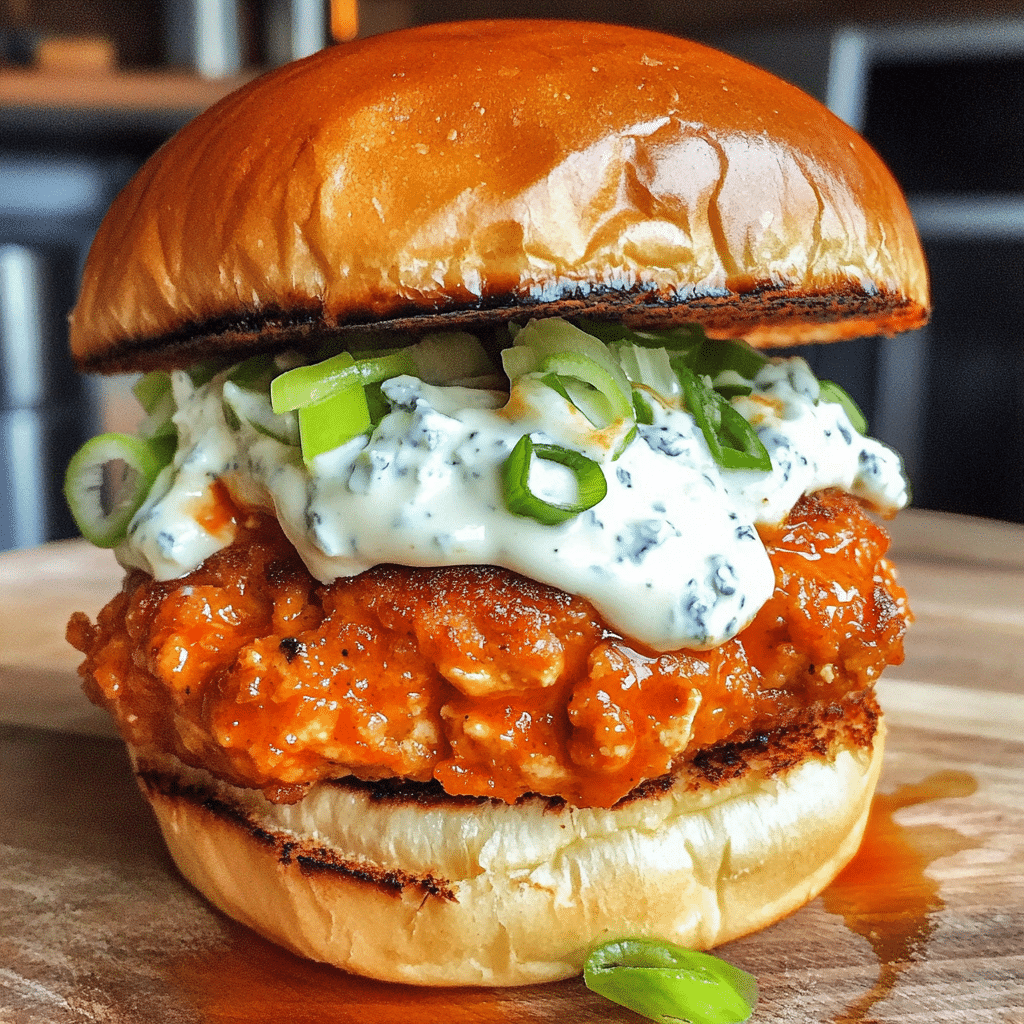 How to make Buffalo Chicken Burger Melts with Blue Cheese Sauce — key cooking step