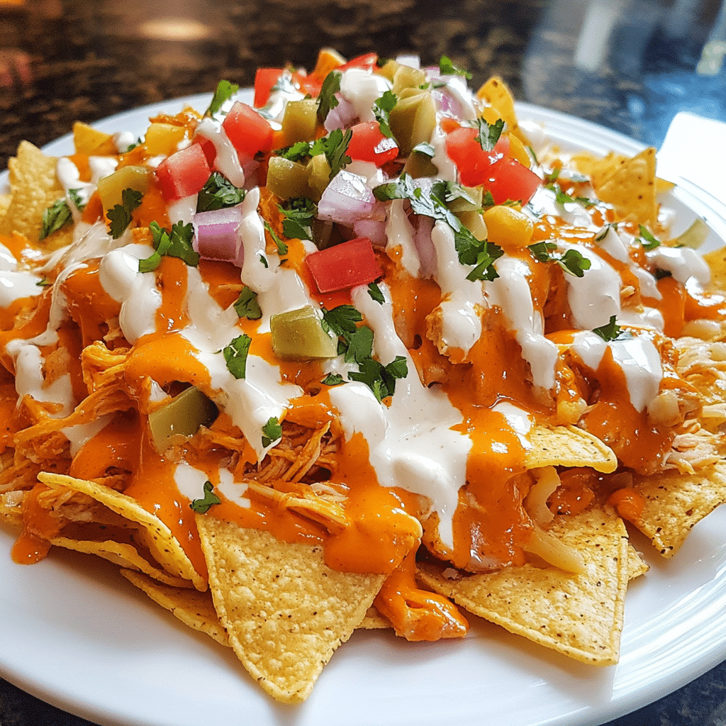 How to make Buffalo Chicken Nachos with Creamy Drizzle — key cooking step