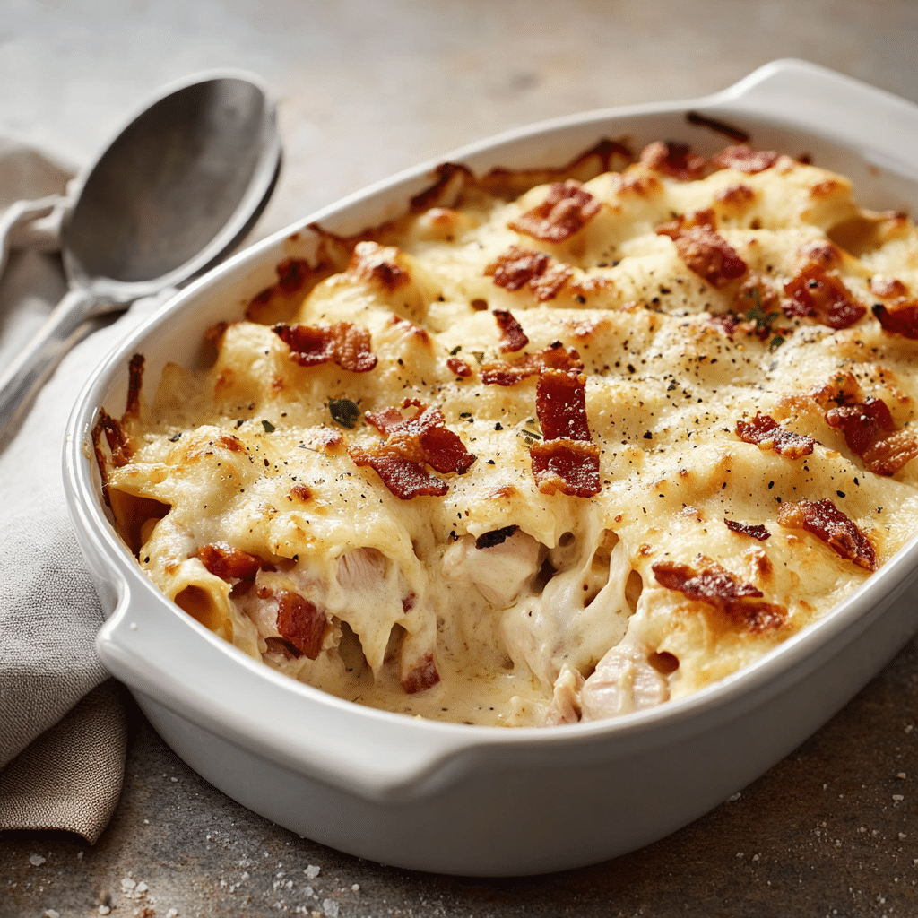 Cheesy Chicken Bacon Alfredo Casserole — chef-tested restaurant-quality photo