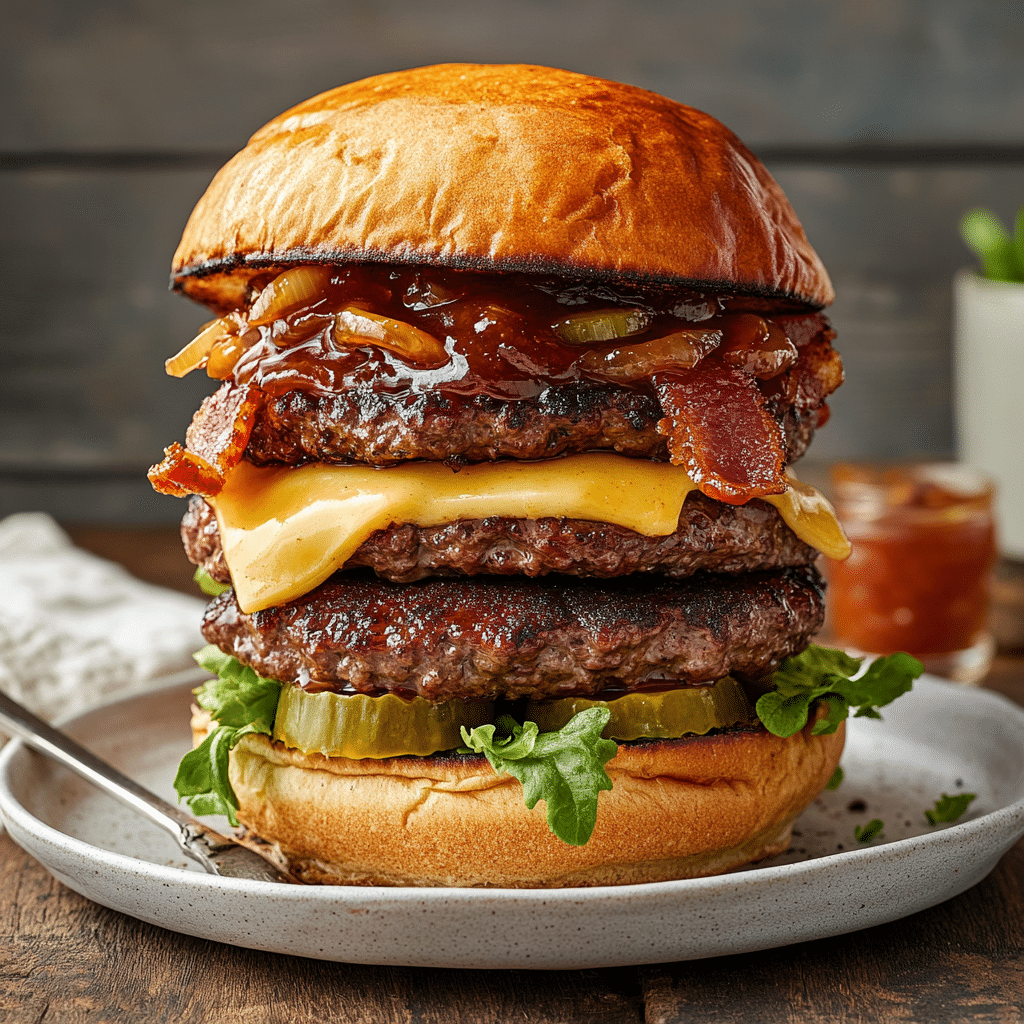 Double BBQ Bacon Cheeseburger with Onion Jam — chef-tested restaurant-quality photo