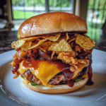 Loaded BBQ Chicken Nacho Burger with Crispy Onions — chef-tested restaurant-quality photo