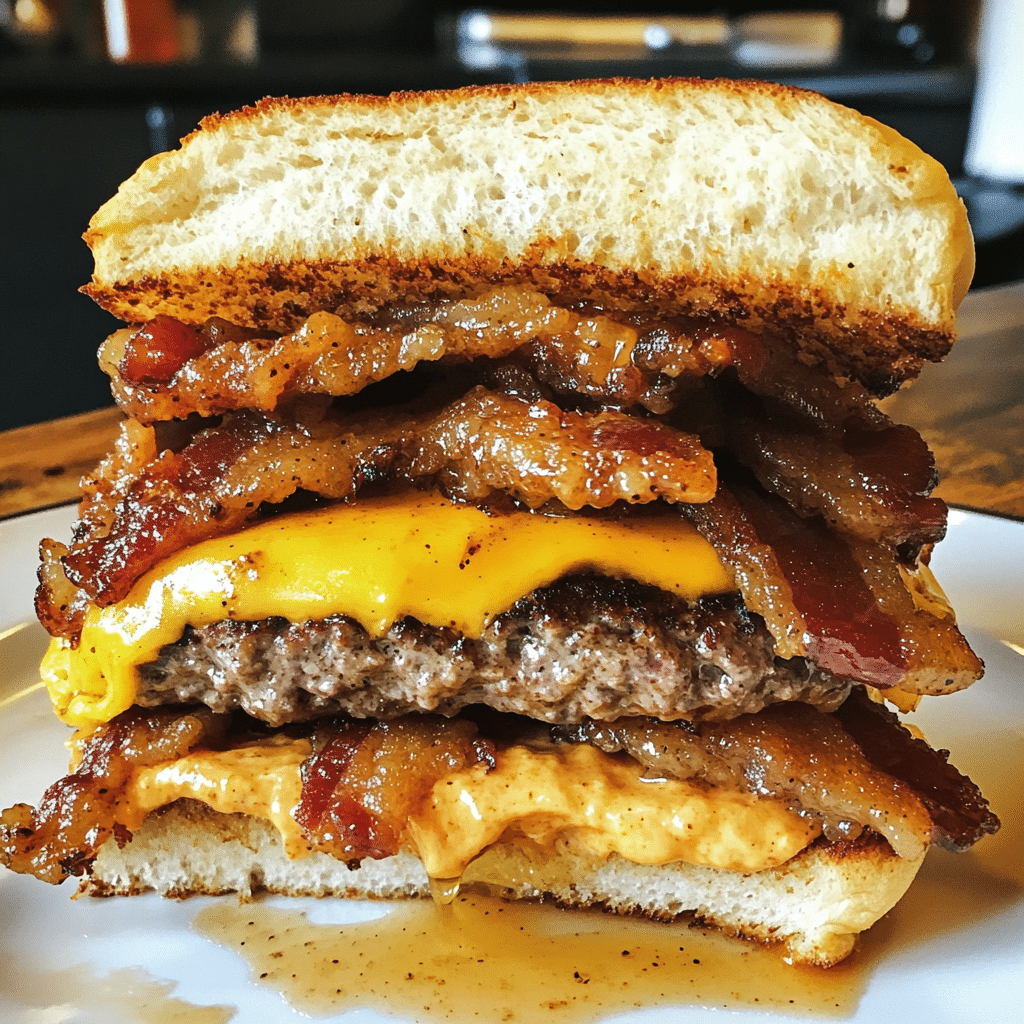 How to make Loaded Bourbon Maple Bacon Cheeseburger Melt — key cooking step