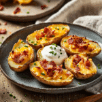How to make Loaded Cheesy Bacon Potato Skins with Sour Cream — key cooking step