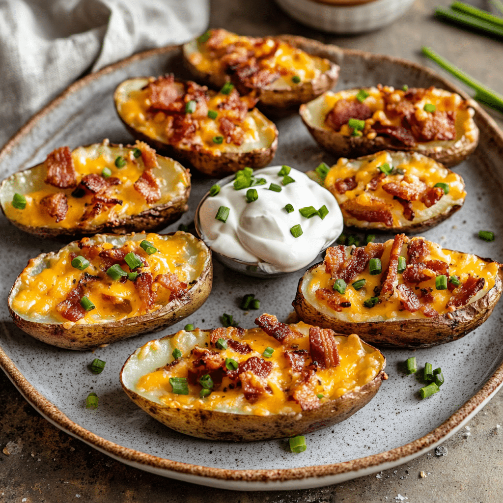 Loaded Cheesy Bacon Potato Skins Tasty Appetizer Bites Loaded Cheesy Bacon Potato Skins Tasty Appetizer Bites