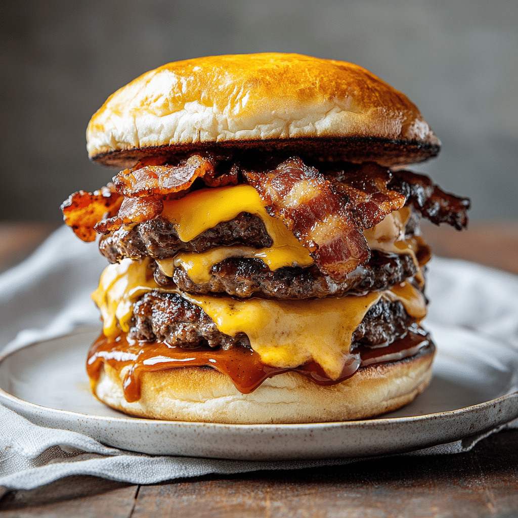 Smoky Bourbon BBQ Bacon Cheeseburger Stack — chef-tested restaurant-quality photo