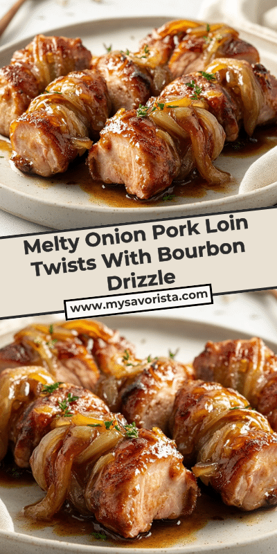 Melty Onion Pork Loin Twists With Bourbon Drizzle
