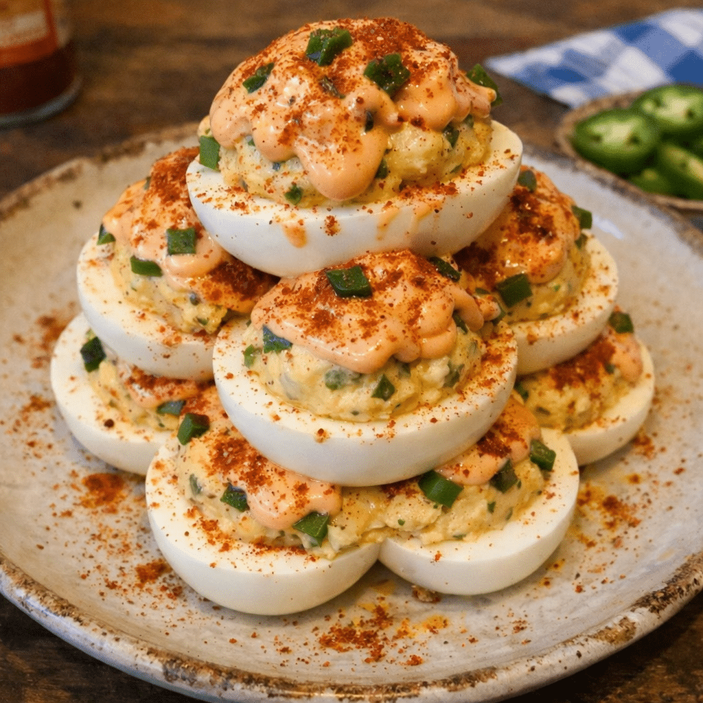 Cajun Jalapeno Deviled Eggs Stack With Chipotle Mayo — chef-tested restaurant-quality photo