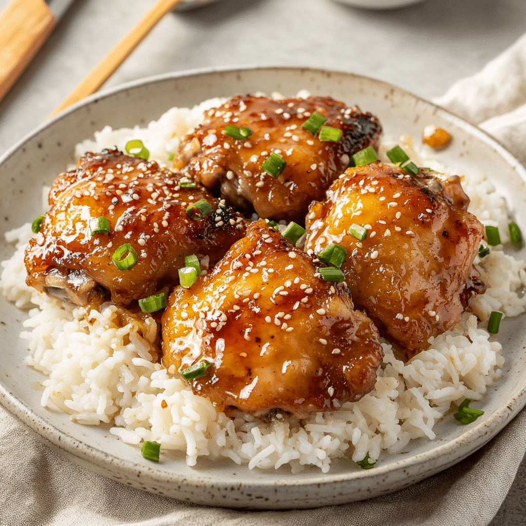 Crispy Honey Garlic Chicken Thighs on Rice — chef-tested restaurant-quality photo