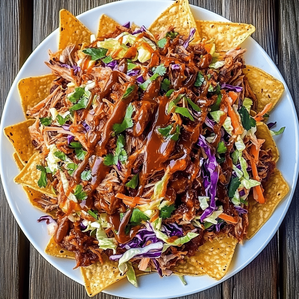 honey glazed bbq pulled pork nachos with crunchy slaw