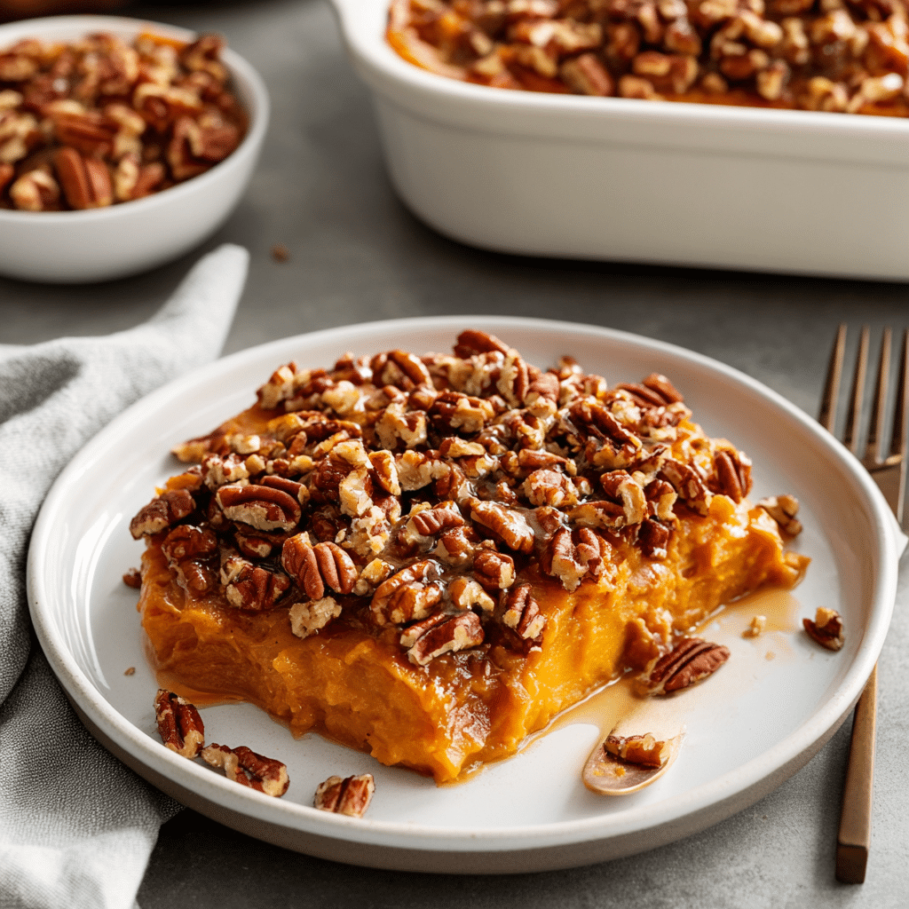 maple bourbon glazed sweet potato casserole with crunchy topping