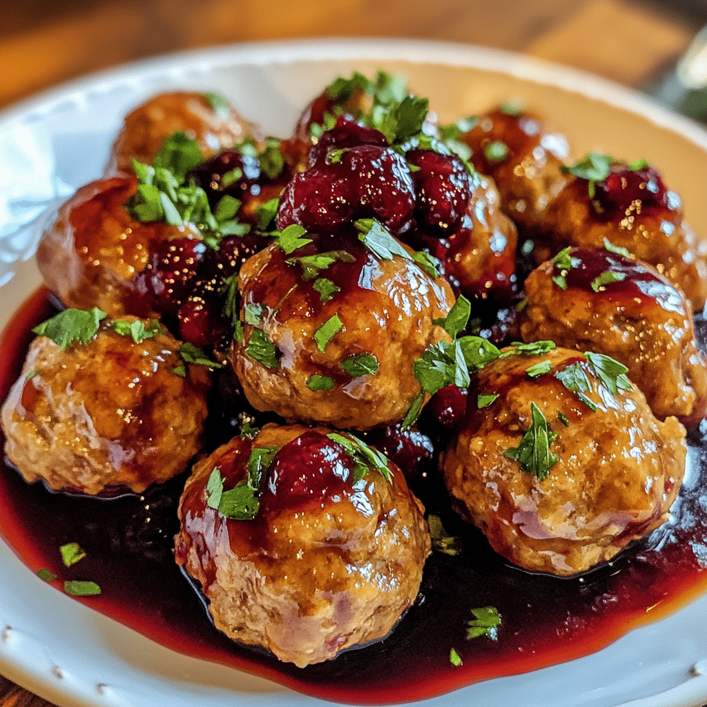 Maple Bourbon Glazed Turkey Meatballs with Cranberry Drizzle — chef-tested restaurant-quality photo