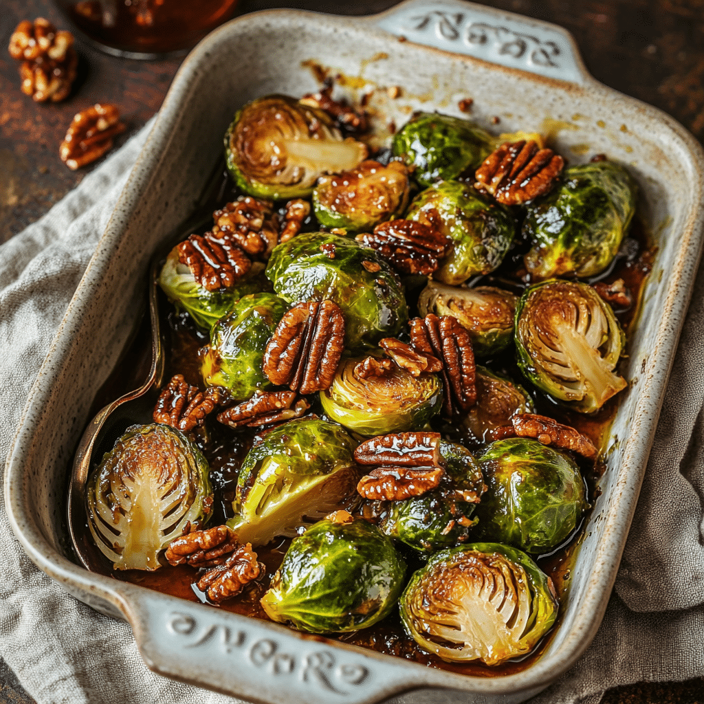 Maple Bourbon Roasted Brussels Sprouts with Candied Pecans — chef-tested restaurant-quality photo