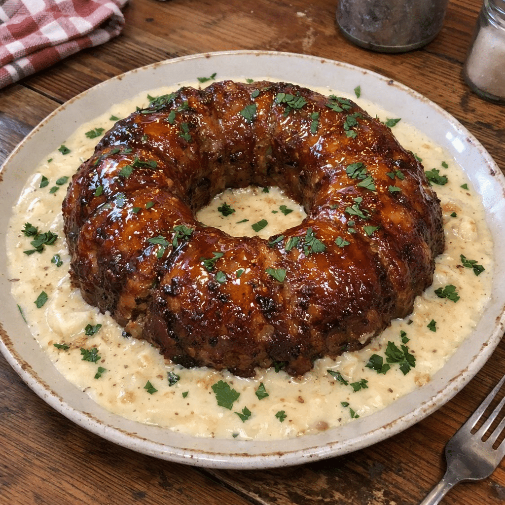 Melty Honey Meatloaf Ring With Garlic Parmesan Sauce — chef-tested restaurant-quality photo