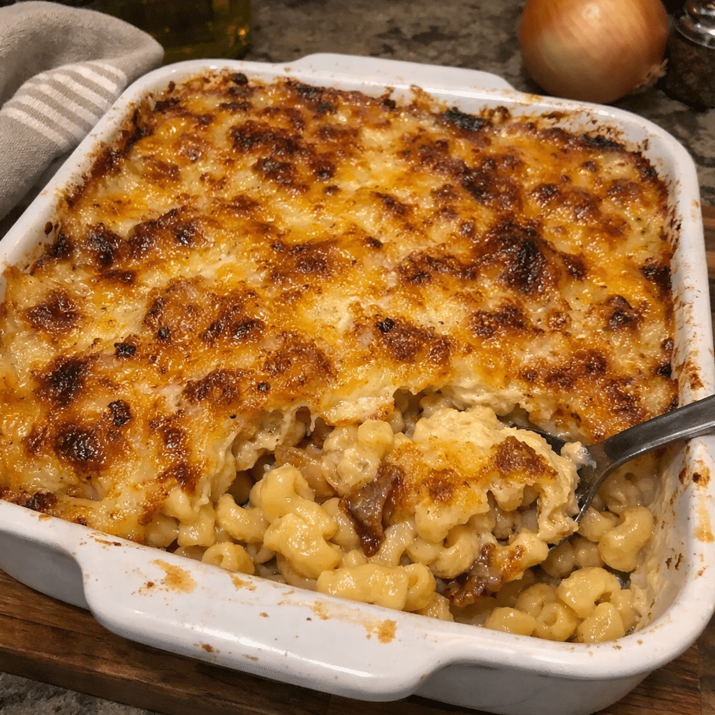 smashed onion mac and cheese casserole
