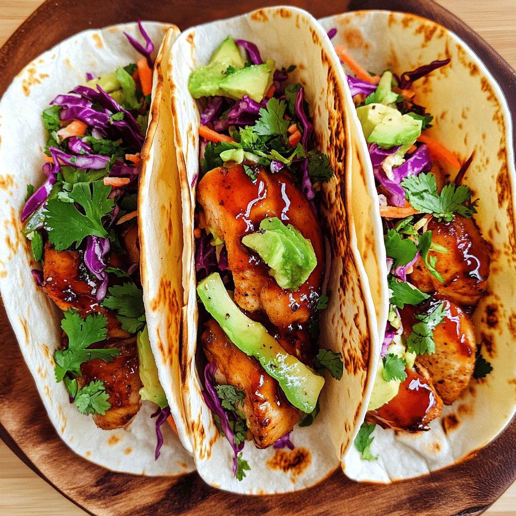 spicy maple glazed chicken tacos with avocado slaw