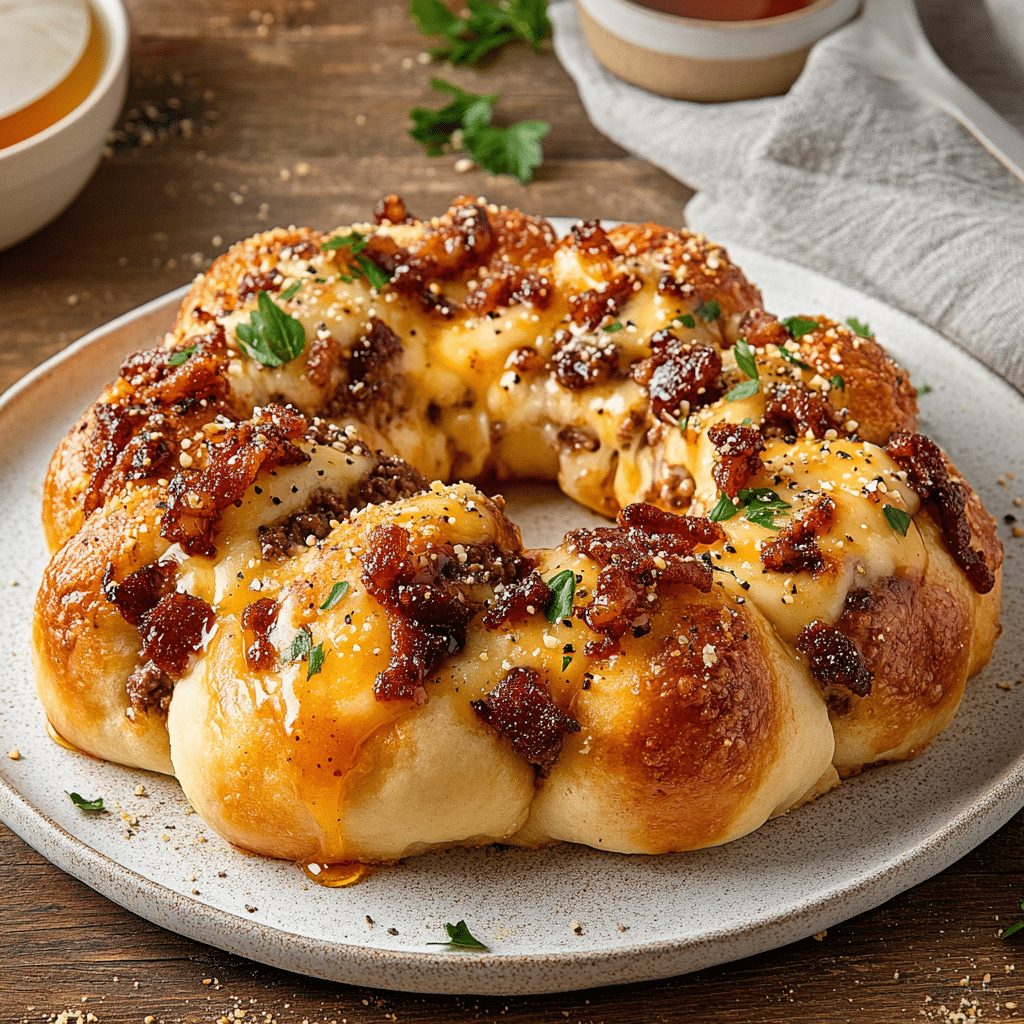 Triple-Cheese Maple Cheeseburger Knot Pizza With Honey Crunch — chef-tested restaurant-quality photo