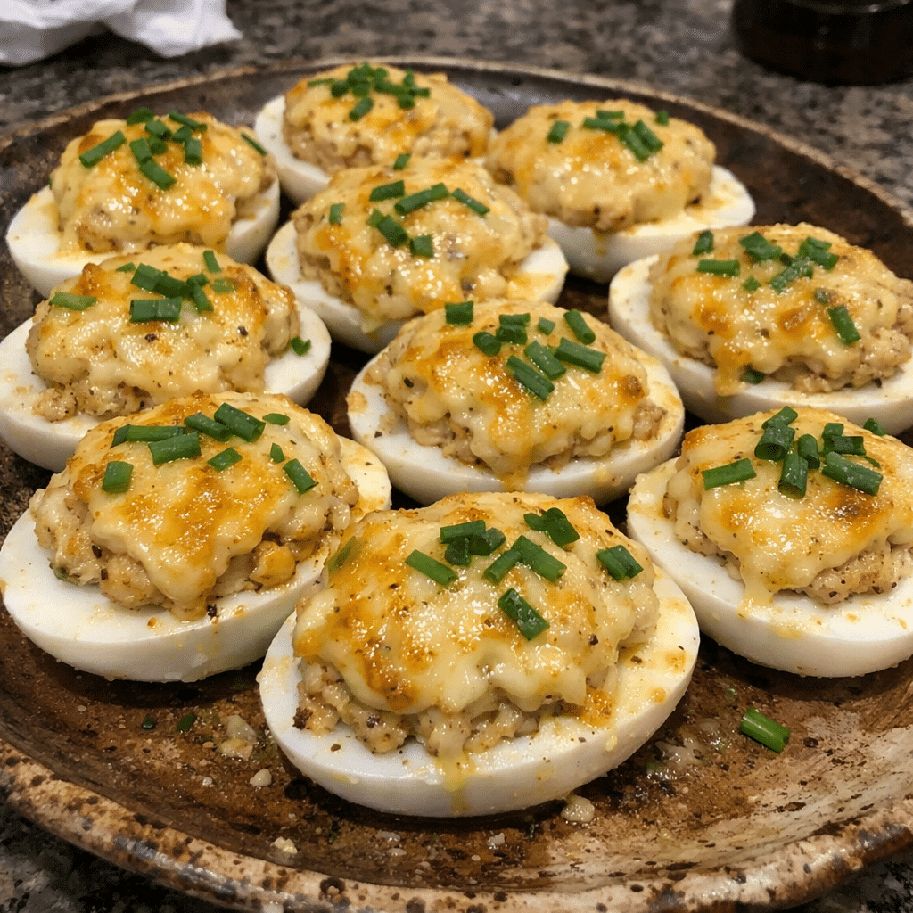Whiskey Pepper Deviled Eggs Stuffed Extra-Cheesy — chef-tested restaurant-quality photo