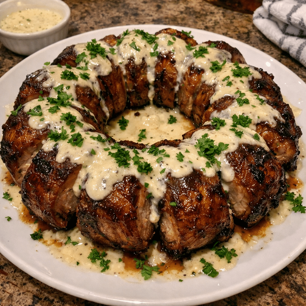 Brown Sugar Bourbon Pork Roast Ring With Garlic Parmesan Sauce — chef-tested restaurant-quality photo