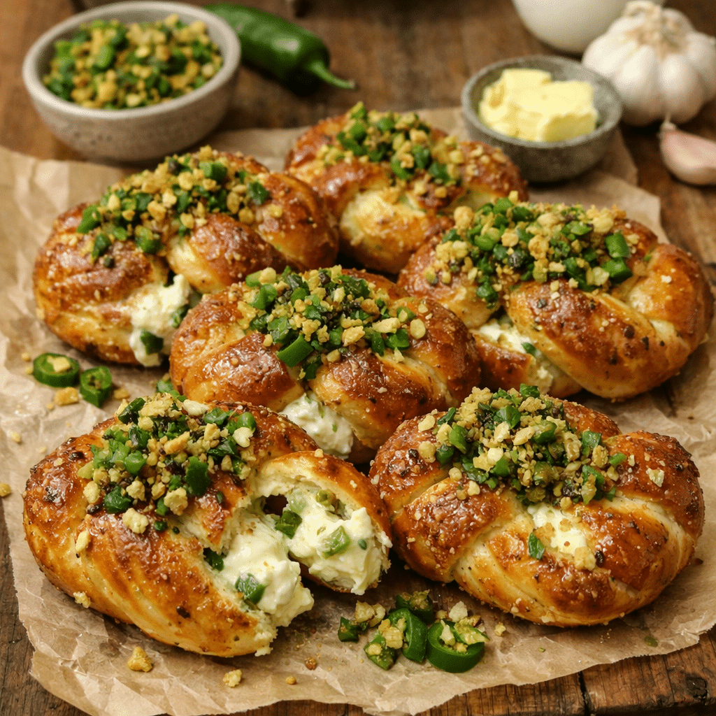 Savory Jalapeno Garlic Knot Stuffed Pretzels With Jalapeno Crunch — chef-tested restaurant-quality photo