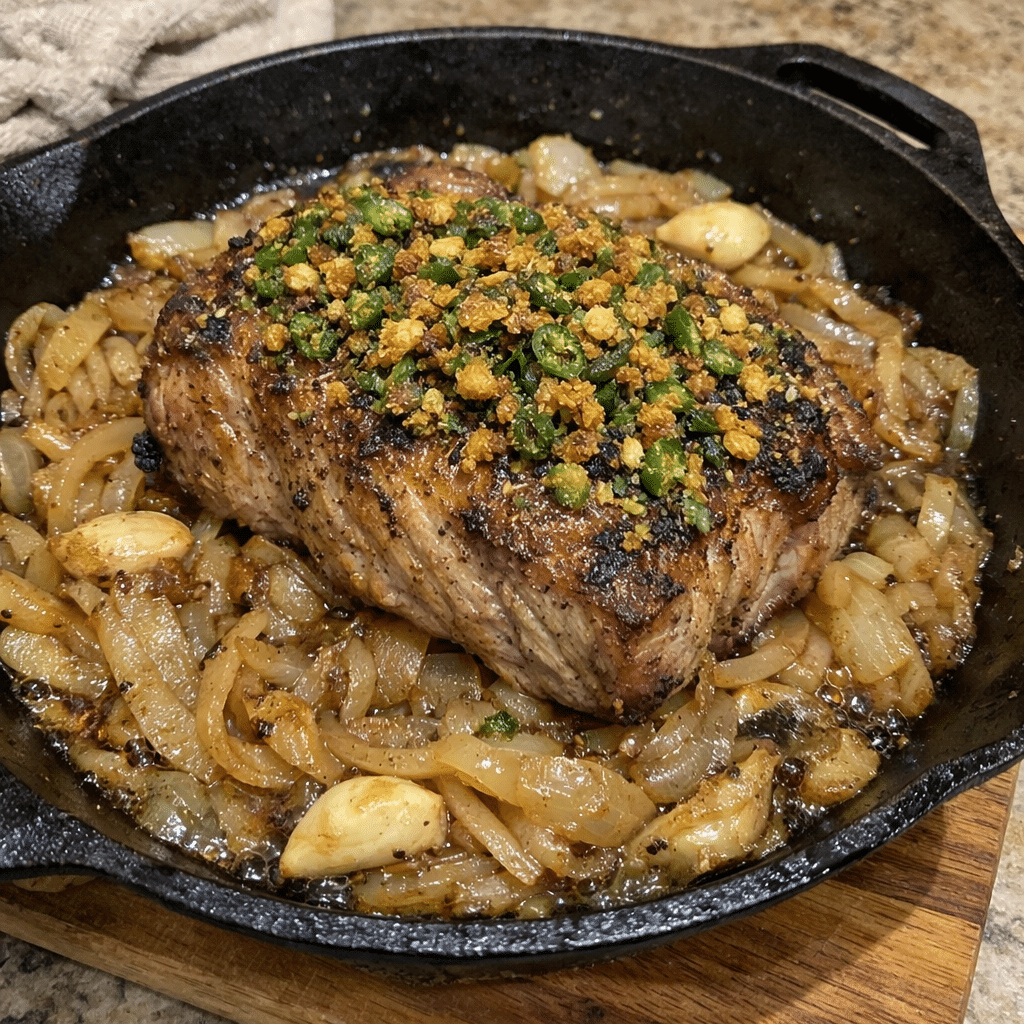 Smashed Onion Pork Roast Skillet Bake With Jalapeno Crunch — chef-tested restaurant-quality photo