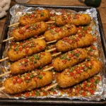 Sticky Honey Corn Dogs Sheet Pan With Pepper Crunch — chef-tested restaurant-quality photo