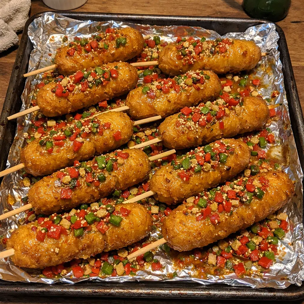 Sticky Honey Corn Dogs Sheet Pan With Pepper Crunch — chef-tested restaurant-quality photo