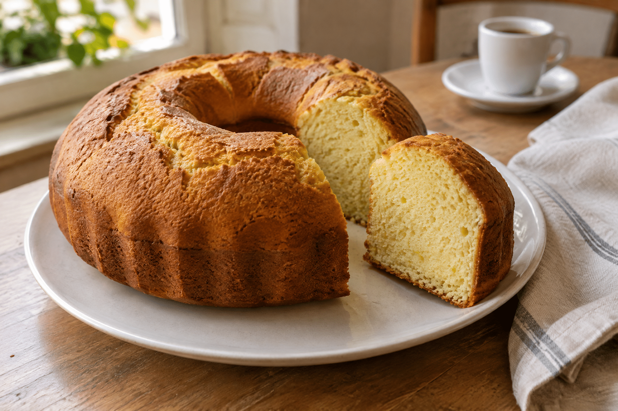 Ciambellone soffice allo yogurt: ricetta per la colazione 2 Ciambellone allo yogurt dorato con una fetta tagliata e mollica soffice