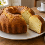 Ciambellone allo yogurt dorato con una fetta tagliata e mollica soffice