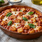 Gnocchi al pomodoro con mozzarella fusa e basilico in una pirofila di terracotta, immagine illustrativa
