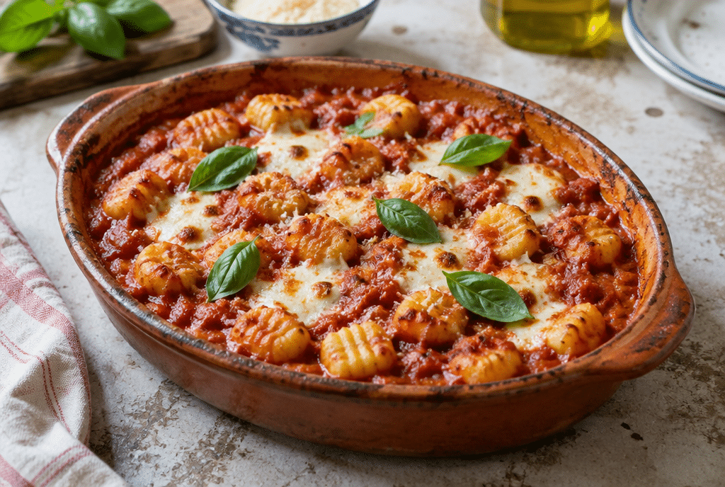 Gnocchi al pomodoro con mozzarella fusa e basilico in una pirofila di terracotta, immagine illustrativa