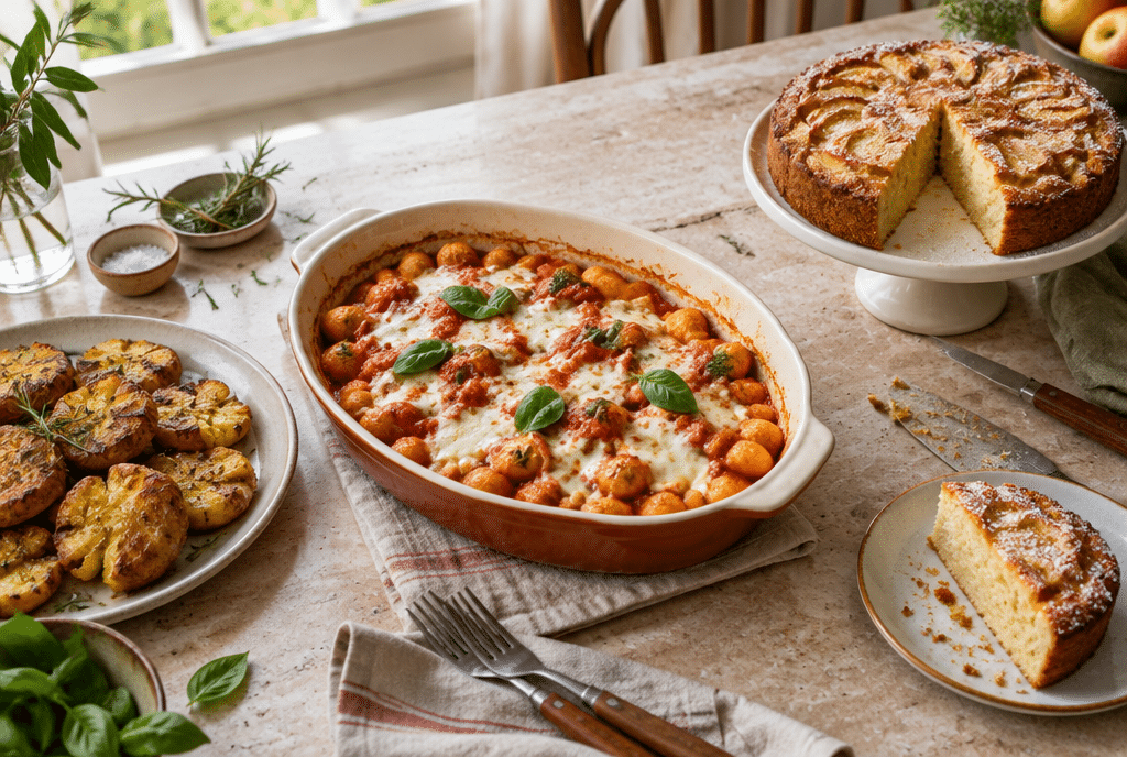 Tavola italiana con gnocchi al pomodoro, patate schiacciate al rosmarino e torta di mele e ricotta, immagine illustrativa