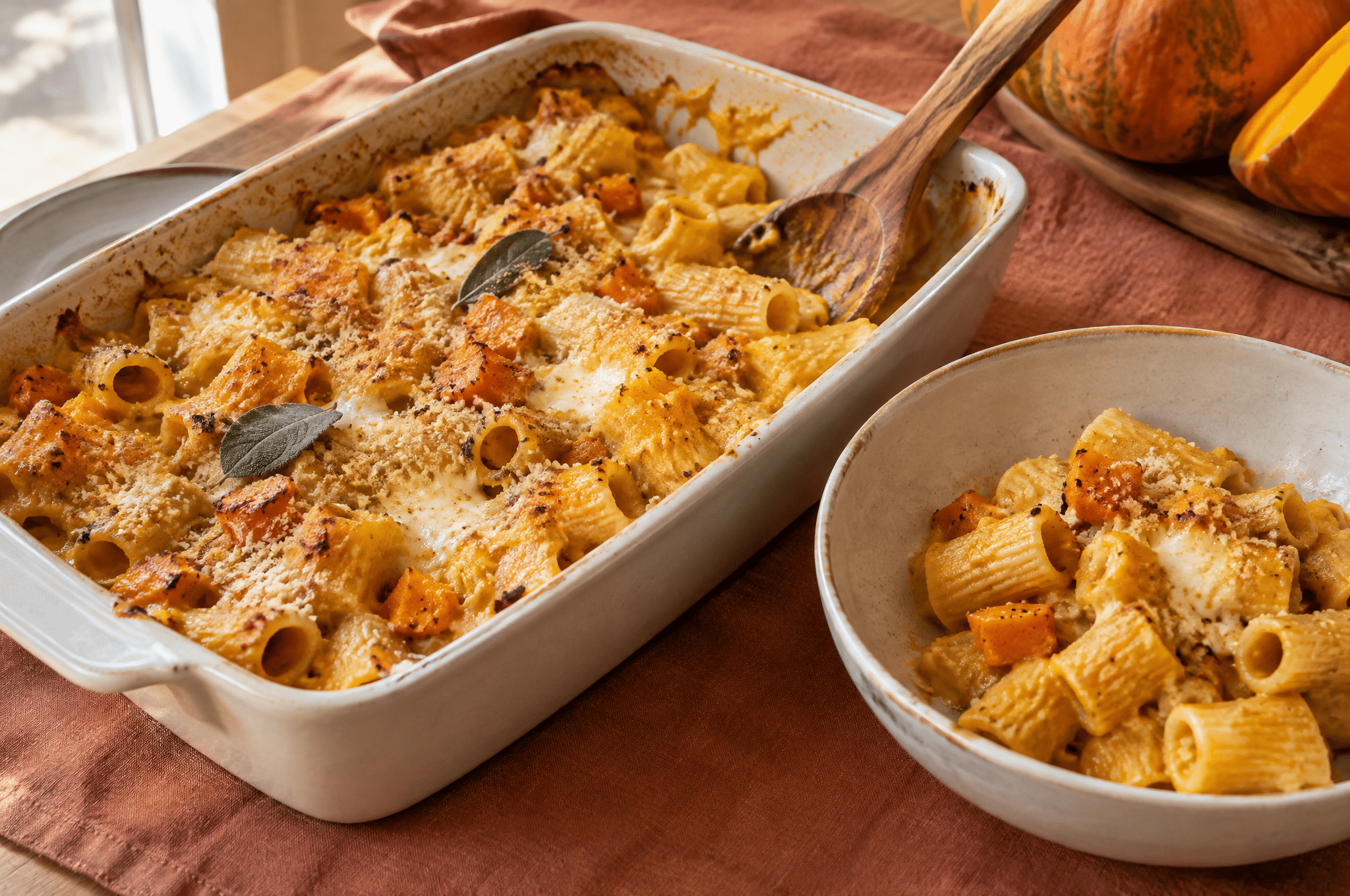 Pasta al forno con crema di zucca e scamorza gratinata in una pirofila