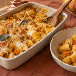 Pasta al forno con crema di zucca e scamorza gratinata in una pirofila